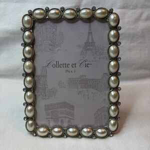 Silver Tone Faux Pearls Ivory Jewels Metal Picture Frame For 3.5” x 5”